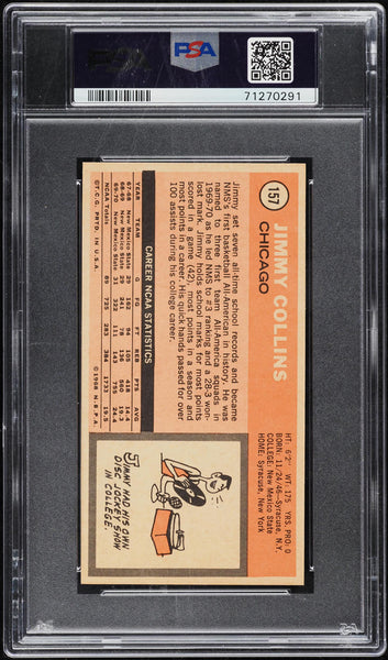 1970 Topps BkB Card #157 Jimmy Collins Chicago Bulls ROOKIE RC PSA 9 MINT (MGD2)