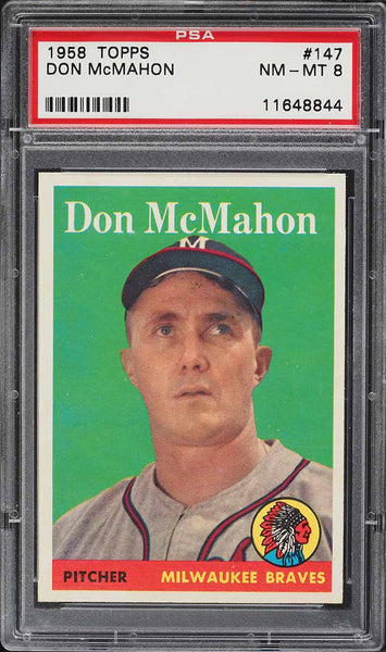 1958 Topps BB Card #147 Don McMahon Milwaukee Braves PSA 8 NM-MT (MGD2)