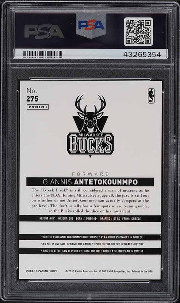 2013 Panini Hoops BkB Card #275 Giannis Antetokounmpo ROOKIE RC PSA 10 GEM MINT (MGD2)