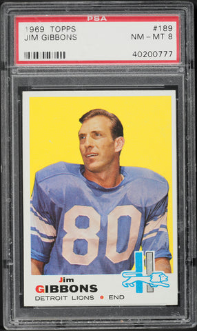 1969 Topps FB Card #189 Jim Gibbons Detroit Lions  PSA 8 NM-MT (MGD2)