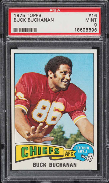 1975 Topps FB Card # 16 Buck Buchanan Kansas City Chiefs HOF PSA 9 MINT (MGD2)