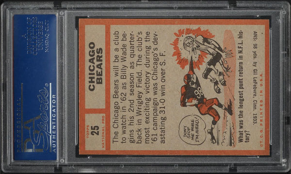 1962 Topps FB Card # 25 Chicago Bears TEAM CARD PSA 6 EXMT (MGD2)