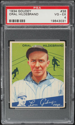 1934 Goudey BB Card # 38 Oral Hildebrand Cleveland Indians ROOKIE RC PSA 4 VGEX (MGD2)