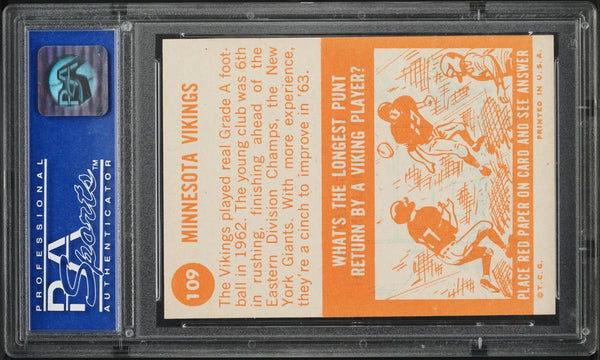 1963 Topps FB Card #109 Minnesota Vikings TEAM CARD PSA 8 NM-MT (MGD2)