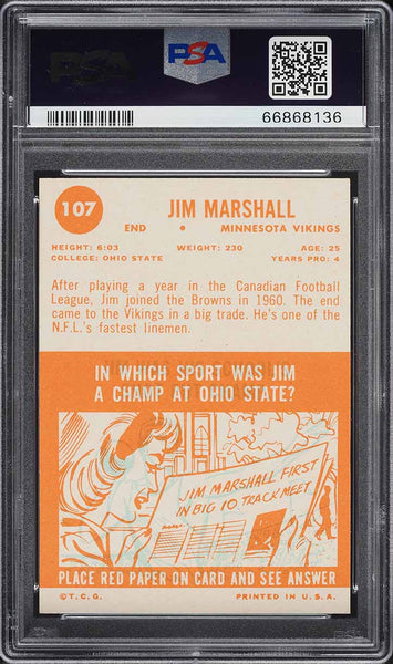 1963 Topps FB Card #107 Jim Marshall Minnesota Vikings HOF ROOKIE RC PSA 7 NRMT (MGD2)