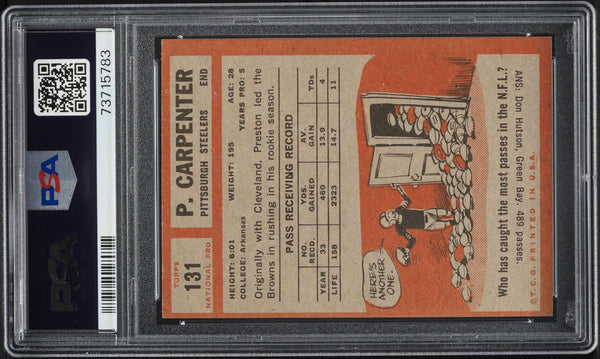 1962 Topps FB Card #131 Preston Carpenter Pittsburgh Steelers PSA 5 EX (MGD2)