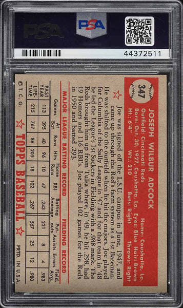 1952 Topps BB Card #347 Joe Adcock Milwaukee Braves HOF PSA 7 NRMT (MGD2)