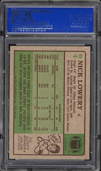 1984 Topps FB Card # 94 Nick Lowery Kansas City Chiefs HOF PSA 9 MINT (MGD2)