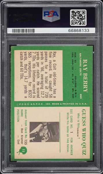 1966 Philadelphia FB Card # 15 Raymond Berry Baltimore Colts HOF PSA 7 NRMT (MGD2)