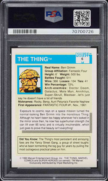 1990 Impel Marvel Universe Card # 6 The Thing PSA 10 GEM MINT (MGD2)