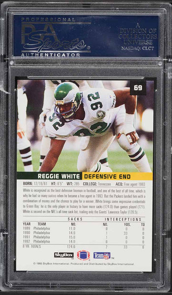 1993 Skybox Premium FB Card # 69 Reggie White Green Bay Packers HOF PSA 10 (MGD2)