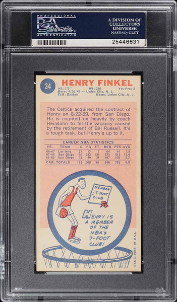 1969 Topps BkB Card # 34 Henry Finkel Boston Celtics ROOKIE RC PSA 8 NM-MT (MGD2)