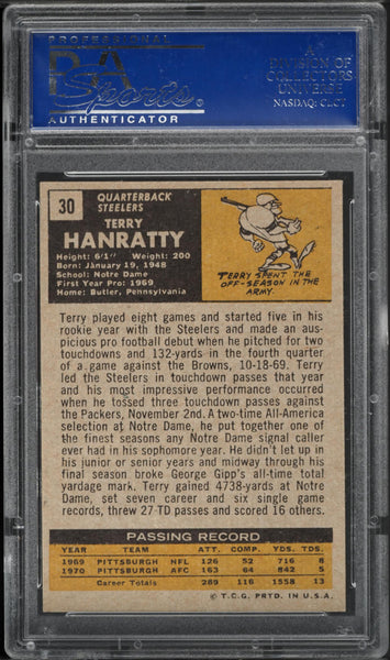 1971 Topps FB Card # 30 Terry Hanratty Pittsburgh Steelers ROOKIE RC PSA 8 NM-MT (MGD2)