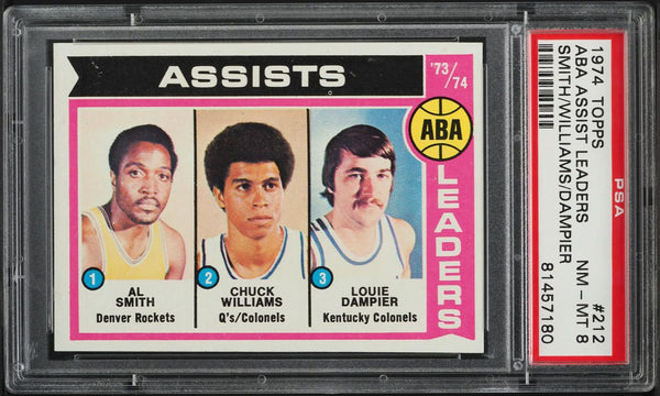 1974 Topps BkB Card #212 Al Smith Louie Dampier ASSISTS LDRS PSA 8 NM-MT (MGD2)