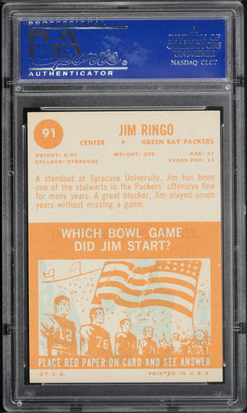 1963 Topps FB Card # 91 Jim Ringo Green Bay Packers HOF PSA 8 NM-MT (MGD2)