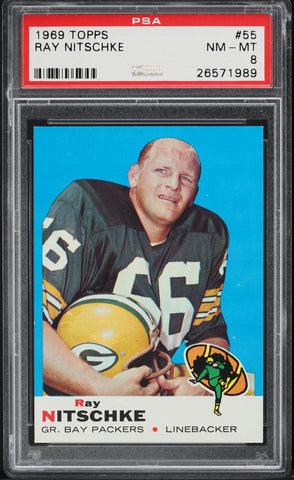 1969 Topps FB Card # 55 Ray Nitschke Green Bay Packers HOF PSA 8 NM-MT (MGD2)