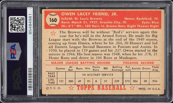 1952 Topps BB Card #160 Owen Friend St. Louis Browns PSA 3 VG (MGD2)