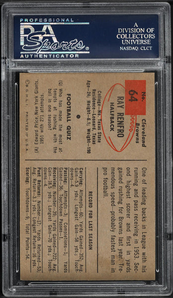 1954 Bowman FB Card # 64 Ray Renfro Cleveland Browns HOF PSA 8 NM-MT (MGD2)