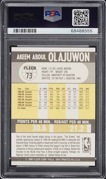 1990 Fleer BkB Card # 73 Hakeem Olajuwon Houston Rockets HOF PSA 10 GEM MINT (MGD2)