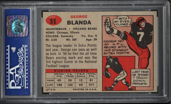 1957 Topps FB Card # 31 George Blanda Chicago Bears HOF PSA 8 NM-MT (MGD2)