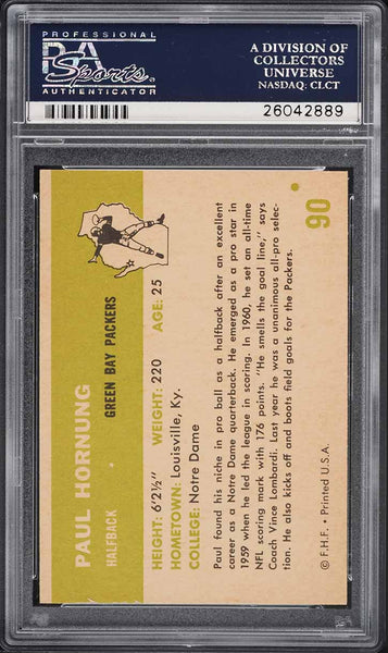 1961 Fleer FB Card # 90 Paul Hornung Green Bay Packers HOF PSA 8 NM-MT (MGD2)