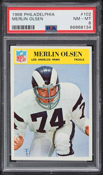 1966 Philadelphia FB Card #102 Merlin Olsen Los Angeles Rams HOF PSA 8 NM-MT (MGD2)