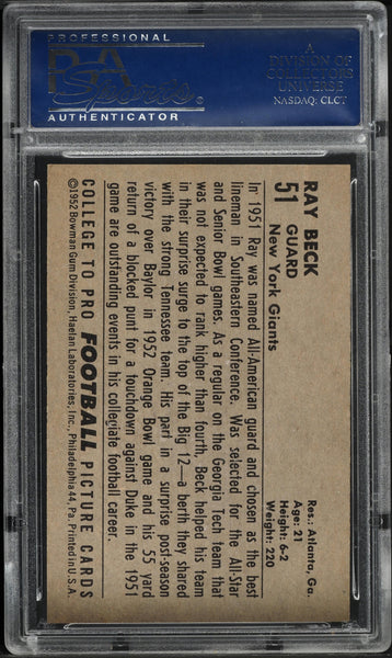 1952 Bowman Large FB Card # 51 Ray Beck New York Giants HOF ROOKIE RC PSA 7 NRMT (MGD2)