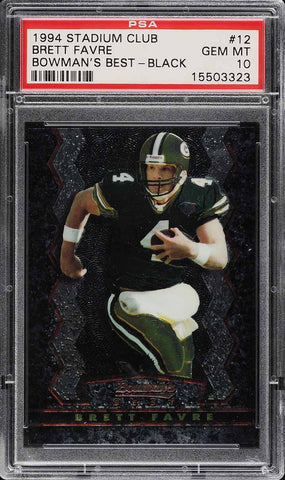 1994 Stadium Club FB Card # 12 Brett Favre HOF BOWMAN'S BEST BLACK PSA 10 (MGD2)