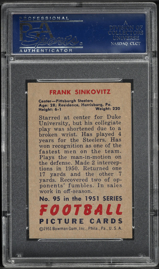 Issued by Bowman Gum Company, Card Number 95, Frank Sinkovitz, Center, Pittsburgh  Steelers, from the Bowman Football series (R407-3) issued by Bowman Gum