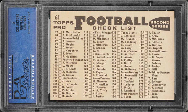 1959 Topps FB Card # 61 San Francisco 49ers TEAM CHECKLIST BACK PSA 8 NM-MT (MGD2)