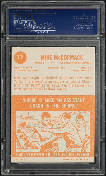 1963 Topps FB Card # 17 Mike McCormack Cleveland Browns HOF SP PSA 7 NRMT (MGD2)