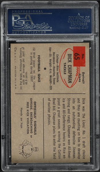 1954 Bowman FB Card # 65 Dick Chapman Detroit Lions ROOKIE RC PSA 8 NM-MT (MGD2)