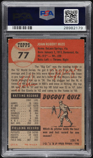 1953 Topps BB Card # 77 Johnny Mize New York Yankees HOF PSA 6 EXMT (MGD2)