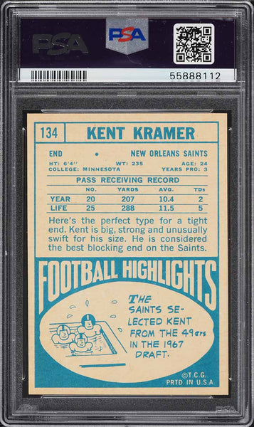 1968 Topps FB Card #134 Kent Kramer New Orleans Saints ROOKIE RC PSA 8 NM-MT (MGD2)