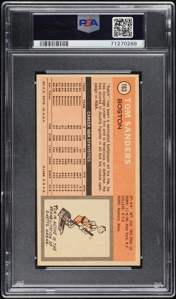 1970 Topps BkB Card #163 Tom Sanders Boston Celtics HOF PSA 9 MINT (MGD2)