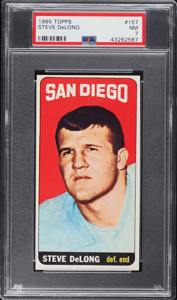 1965 Topps FB Card #157 Steve Delong HOF ROOKIE RC SHORT PRINT PSA 7 NRMT (MGD2)