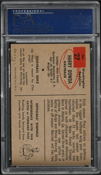 1954 Bowman FB Card # 27 Harry Dowda Washington Redskins ROOKIE RC PSA 8 NM-MT (MGD2)