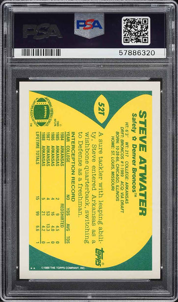 1989 Topps Traded FB Card # 52T Steve Atwater ROOKIE RC PSA 10 GEM MINT (MGD2)