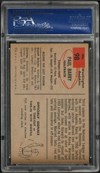 1954 Bowman FB Card # 98 Paul Barry Washington Redskins ROOKIE RC PSA 8 NM-MT (MGD2)