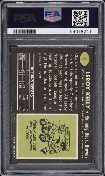 1969 Topps FB Card # 1 LeRoy Kelly Cleveland Browns HOF PSA 7 NRMT (MGD2)