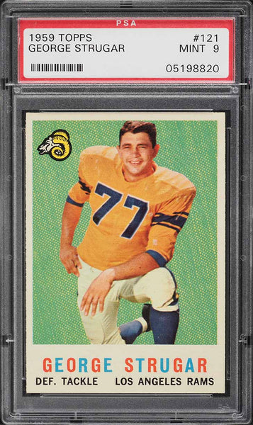 1959 Topps FB Card #121 George Strugar Los Angeles Rams ROOKIE RC PSA 9 MINT (MGD2)