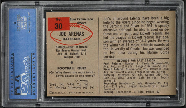 1954 Bowman FB Card # 30 Joe Arenas San Francisco 49ers ROOKIE RC PSA 8 NM-MT (MGD2)