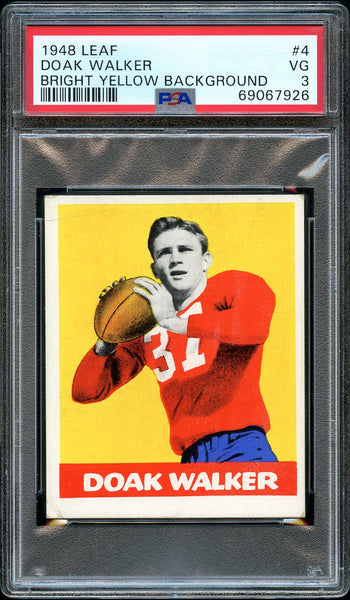 1948 Leaf FB Card # 4 Doak Walker Detroit Lions HOF YELLOW BKGRD PSA VG 3 (MGD2)