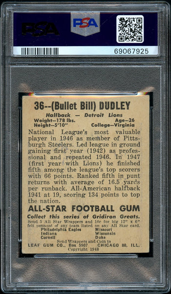 1948 Leaf FB Card # 36 Bill Dudley Detroit Lions HOF ROOKIE RC PSA VG 3 (MGD2)