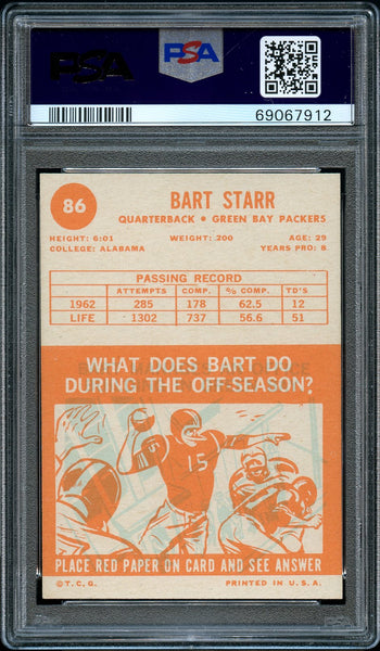 1963 Topps FB Card # 86 Bart Starr Green Bay Packers HOF PSA NM 7 (MGD2)