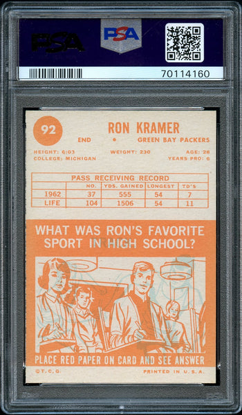 1963 Topps FB Card # 92 Ron Kramer Green Bay Packers HOF PSA EX-MT 6 (MGD2)