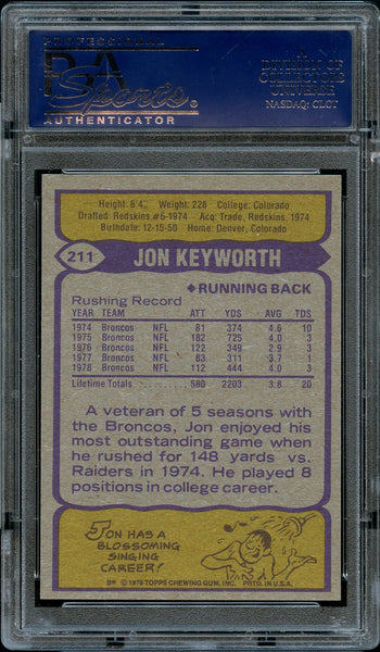 1979 Topps FB Card #211 Jon Keyworth Denver Broncos PSA MINT 9 (MGD2)