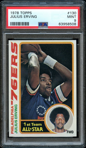 1978 Topps BkB Card #130 Julius Erving Philadelphia 76ers HOF ALLSTAR PSA MINT 9 (MGD2)