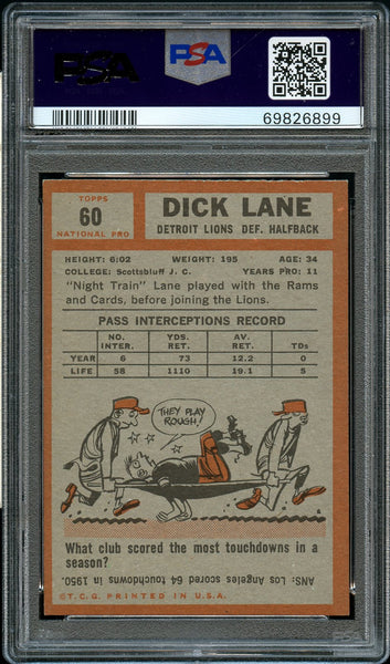 1962 Topps FB Card # 60 Dick Lane Detroit Lions HOF PSA EX-MT 6 (MGD2)