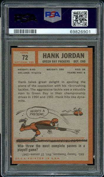 1962 Topps FB Card # 72 Hank Jordan Green Bay Packers HOF Short Print PSA NM 7 (MGD2)